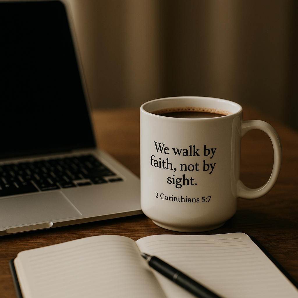 “Coffee mug with Bible verse beside laptop and journal on wooden desk”