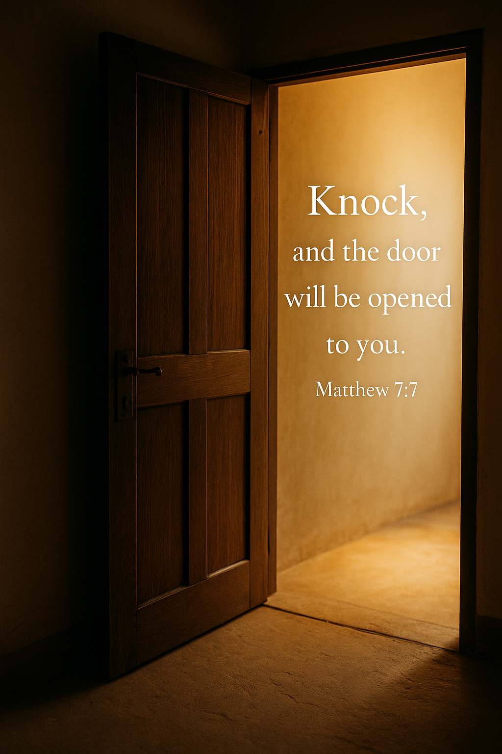 A photograph captures a slightly open wooden door with golden light streaming through the gap. Overlaid text reads, ‘Knock, and the door will be opened to you – Matthew 7:7.’”