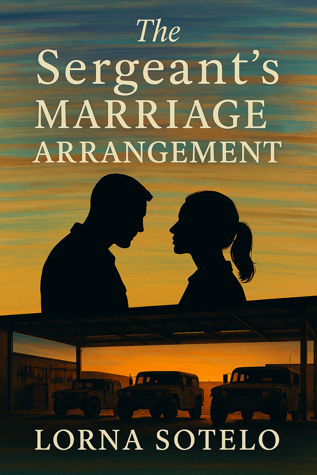 the book cover for "The Sergeant's Arrangement". This image features a couple silhouetted by a sunset.