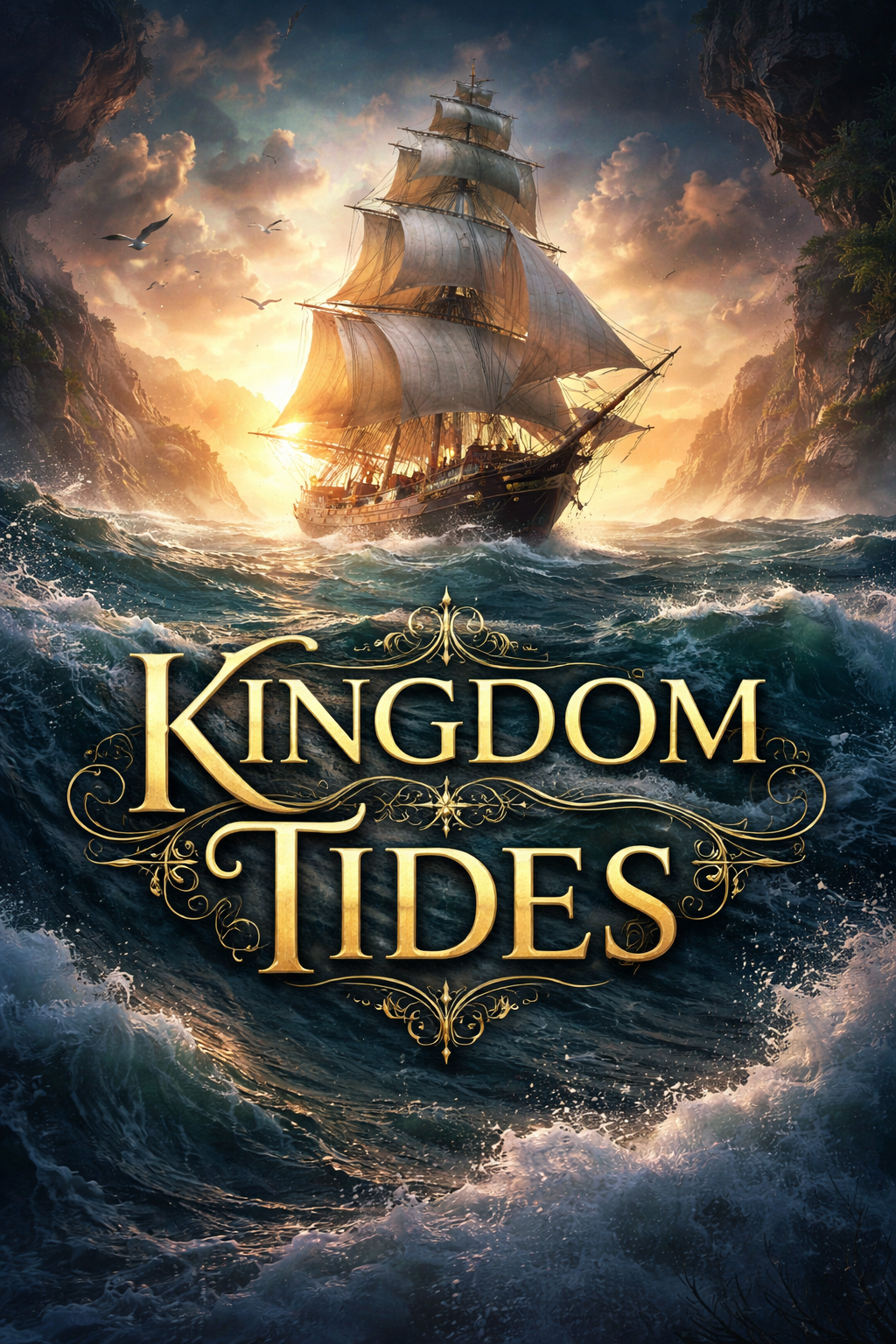 Kingdom Tides Image Illustration of a tall sailing ship cutting through dark, rolling ocean waves toward a glowing sunrise on the horizon. White sails billow in the wind as seabirds circle above. Towering cliffs frame the waterway on both sides, creating the sense of a narrow passage into a new world. Ornate gold lettering across the image reads “Kingdom Tides,” giving the scene an epic, adventurous tone.