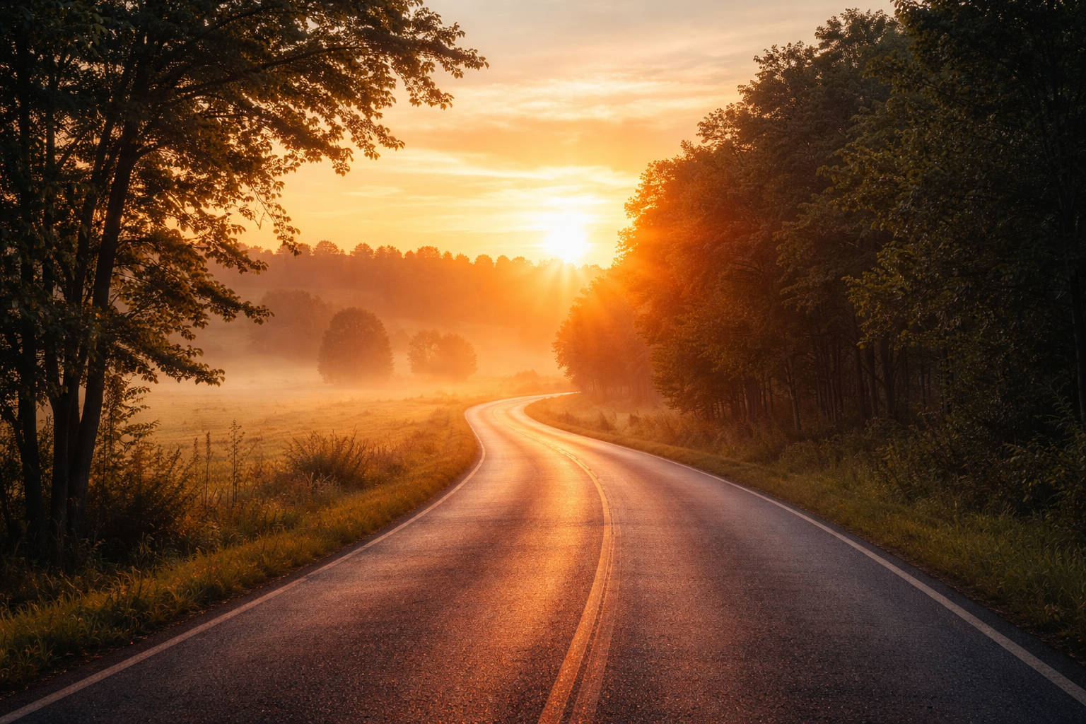 A winding country road at sunrise, bathed in warm golden light, curving through misty fields and trees—symbolizing a new beginning and the journey ahead.