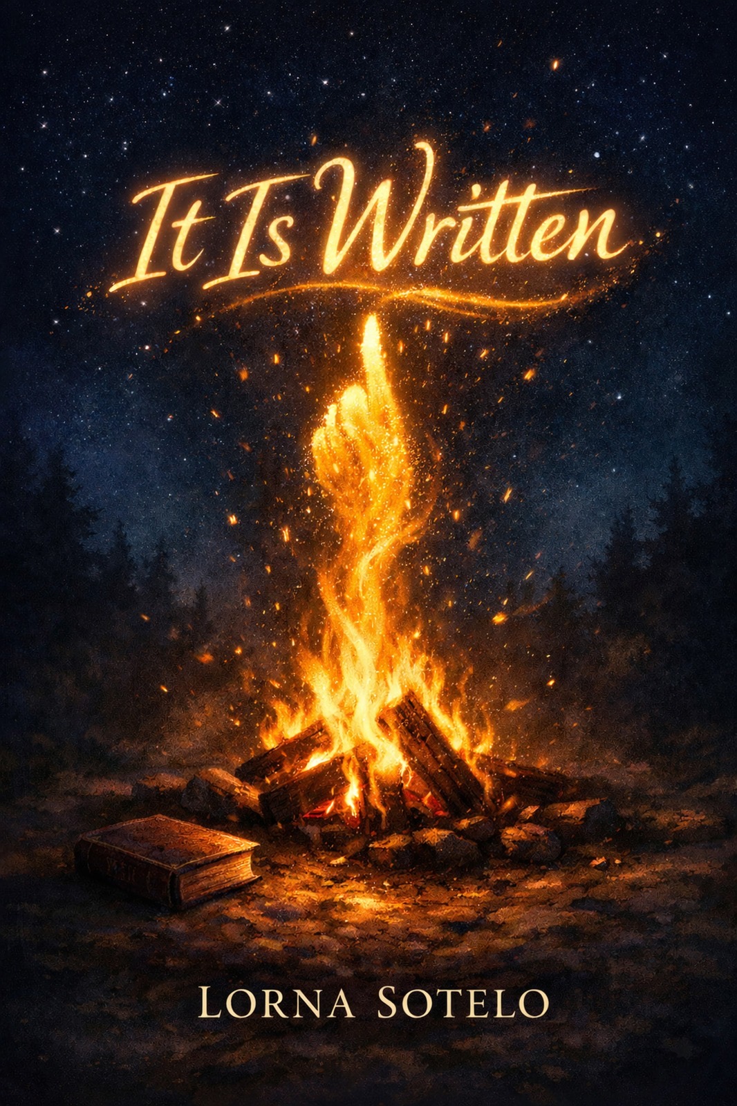 Book cover for It Is Written by Lorna Sotelo showing a bright campfire burning in a nighttime forest clearing, its flames shaped like a glowing hand pointing upward, with sparks rising into a starry sky and a closed Bible lying near the fire.