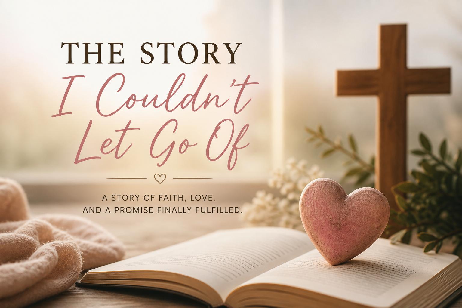 An open book with a heart-shaped object resting on its pages beside a wooden cross, with the text “The Story I Couldn’t Let Go Of” overlaid.
