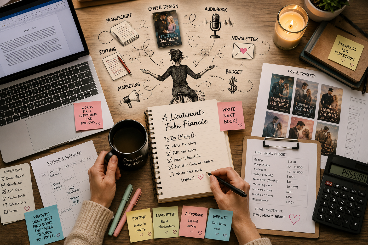 Cozy indie author workspace with manuscript, editing notes, publishing calendar, and a bicycle-juggling illustration representing the challenges and costs of self-publishing a novel.